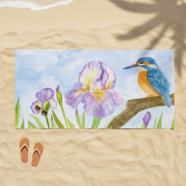 Toalha De Praia Martim-pescador em Aquarela com Íris Roxas