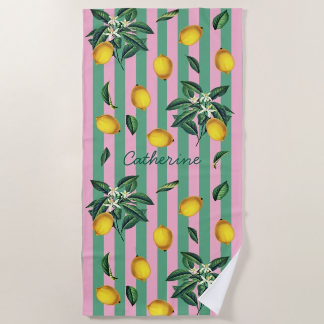Toalha De Praia Mediterranean Lemons Pink Green Stripes Name (Frente)