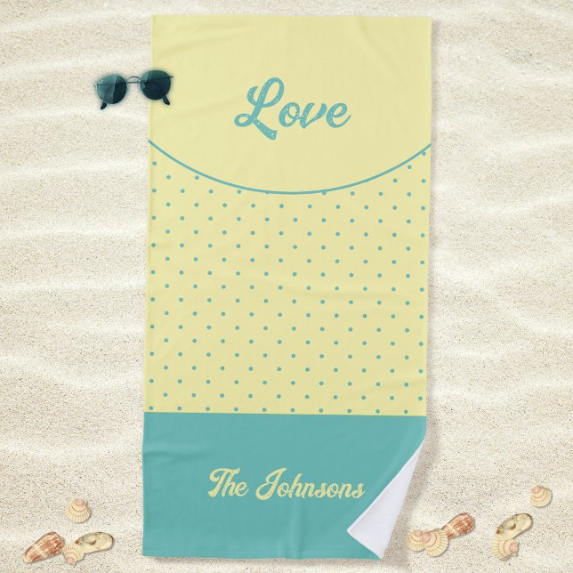 Toalha De Praia Meio século Amarelo Turquoise Retro Pontos Amor (Love Turquoise Retro Dots Yellow Mid Century Beach Towel ©Susanne Sachers - Sunny Mind Design)