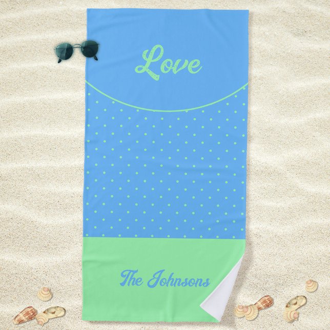 Toalha De Praia Meio século Azul Pontos Verdes Verão Amor (Love Blue Retro Dots Green Mid Century 50s 60s Beach Towel ©Susanne Sachers - Sunny Mind Design)