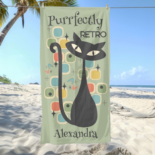 Toalha De Praia Meio século de Gato Preto Retro (Purrfectly Retro Black Cat Mid Century Beach Towel)