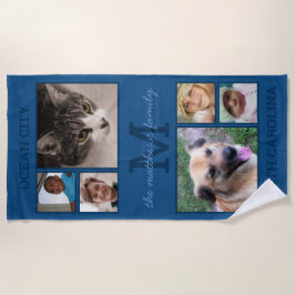 Toalha De Praia Memórias Colagem de Fotografias Azul Clássico Mono