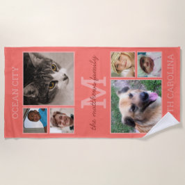 Toalha De Praia Memórias Coral Monograma 6 Colagem de Fotos
