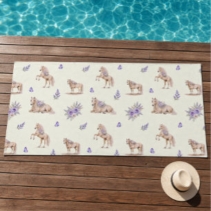 Toalha De Praia Menina Cavalo Roxo Amarelo Padrão Floral
