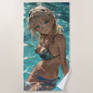 Toalha De Praia Menina de animação bonita em uma piscina