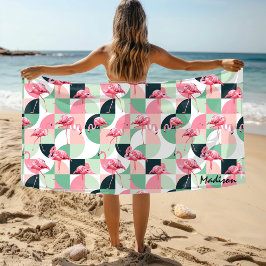 Toalha De Praia Menina Geométrica Flamingo Rosa Moderna Personaliz