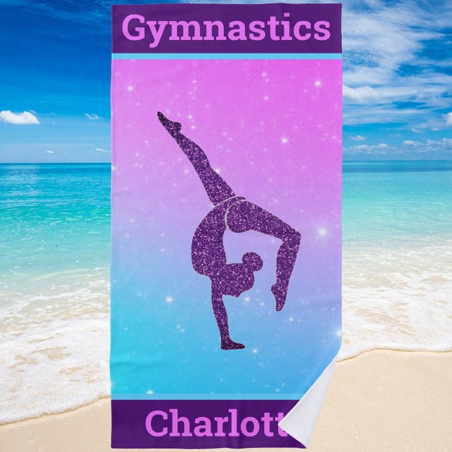 Toalha De Praia Menina Gymnastics Handstand Purple Aqua Personaliz (Criador carregado)