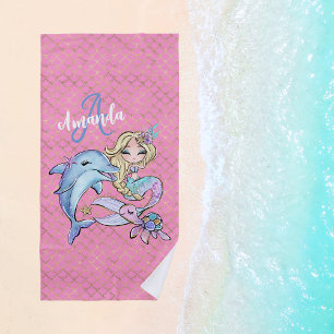 Toalha De Praia Menina Personalizada de Sereia Rosa