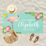 Toalha De Praia Meninas de Fim de Semana Aqua Flamingo Tropical No<br><div class="desc">Toalha de praia personalizada para um fim de semana de férias das meninas (ou outra ocasião) apresenta um primeiro nome personalizado em escrita moderna emoldurado por um belo flamingo rosa e folhas de palmeira tropicais e flores de hibisco. Cores vibrantes incluem rosa, magenta, amarelo, verde, azul marinho e azul aqua....</div>