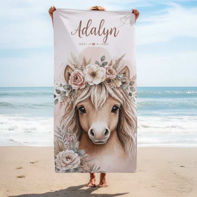 Toalha De Praia Meninas Fofo Boho Cavalo Nome Personalizado (Criador carregado)