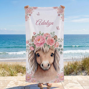 Toalha De Praia Meninas Lindo Rosa Floral Cavalo Nome Personalizad