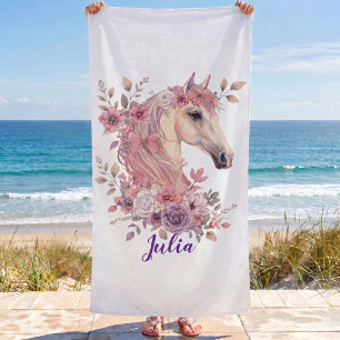 Toalha De Praia Meninas Lindos Cavalinhos Floral Pastel Cavalo