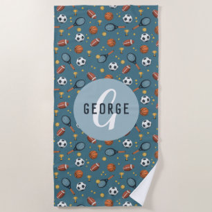Toalha De Praia Meninos Belos Esportes Azuis, Monogramas