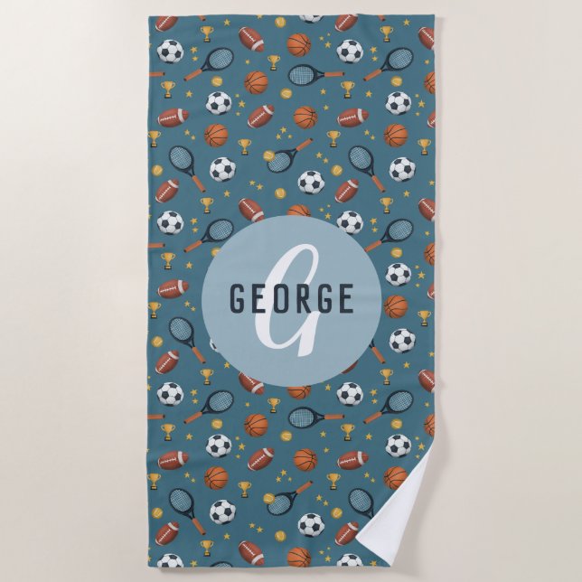 Toalha De Praia Meninos Belos Esportes Azuis, Monogramas (Frente)