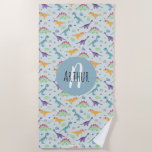 Toalha De Praia Meninos Fofos Azuis Dinossauros<br><div class="desc">Esta toalha de praia para crianças bonitinhas apresenta um padrão de desenho animado de dinossauros,  com um t-rex,  estegossauro,  arco-íris e plantas da selva jurássica,  e pode ser personalizado com seu nome e monograma para os garotos. O dom do dinossauro azul perfeito para qualquer amante de praia!</div>