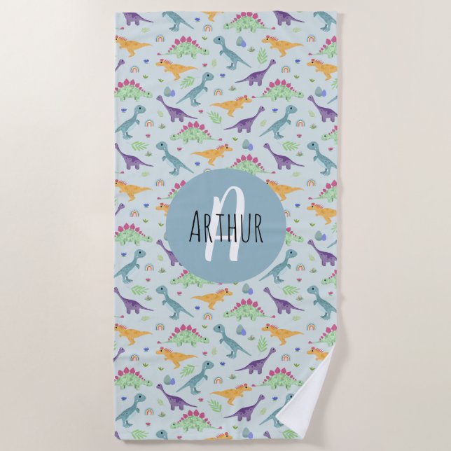 Toalha De Praia Meninos Fofos Azuis Dinossauros (Frente)