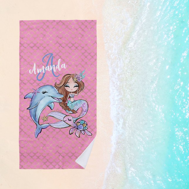 Toalha De Praia Mereia castanha, nome personalizado, moça rosa (Brown Hair Mermaid Custom Name Girl Pink Beach Towel
)