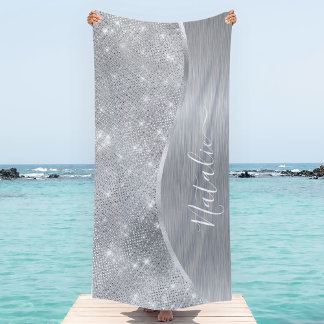 Toalha De Praia Metálico Personalizado Da Glitter De Prata Glam