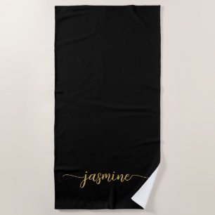 Toalha De Praia Minimalista Nome Monograma Preto Dourado Letra Mai