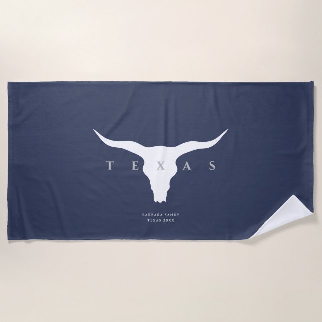 Toalha De Praia Modern Texas Longhorn Summer Custom Name Blue (Frente)