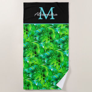 Toalha De Praia Moderna Folha Tropical Verde Azul-Teal Preto