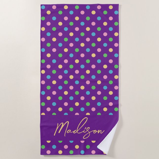 Toalha De Praia Moderno Chic Bolinhas Personalizado Roxo (Frente)