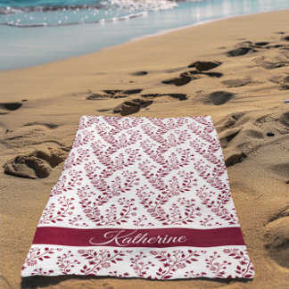 Toalha De Praia Moderno Minimalista Vermelho Borgonha Branco Flora