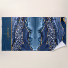 Toalha De Praia Monograma Azul Dourado Padrão Ágata Tendência 