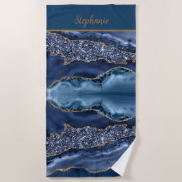 Toalha De Praia Monograma Azul Dourado Padrão Ágata Tendência 