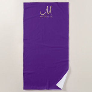 Toalha De Praia Monograma com manuscrito Nome Royal Purple e Doura