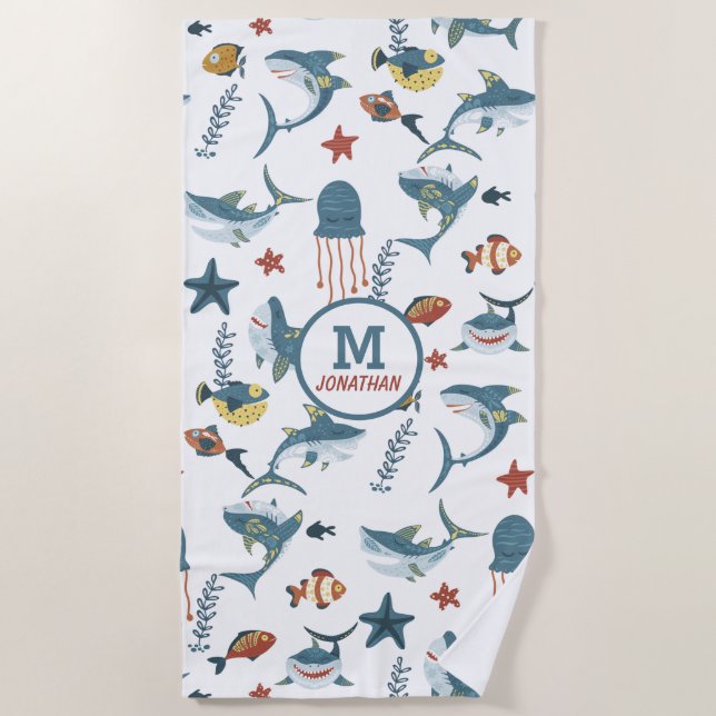 Toalha De Praia Monograma da Dança de Tubarões do Mar (Frente)