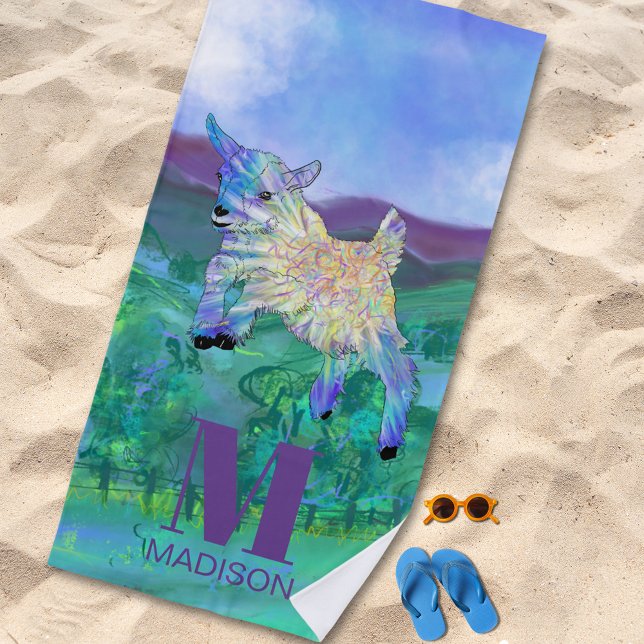 Toalha De Praia Monograma de Cabra Fofa (Cute jumping baby goat colorful animal art custom monogram beach towel)