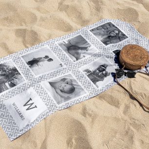 Toalha De Praia Monograma de Colagem de Fotos em Preto e Branco