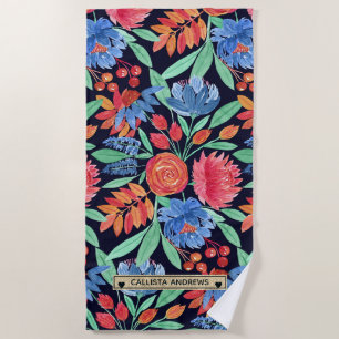 Toalha De Praia Monograma de Cor Floral Floral Azul de Artsy Moder