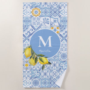Toalha De Praia Monograma de fruta de limão, azulejo azul