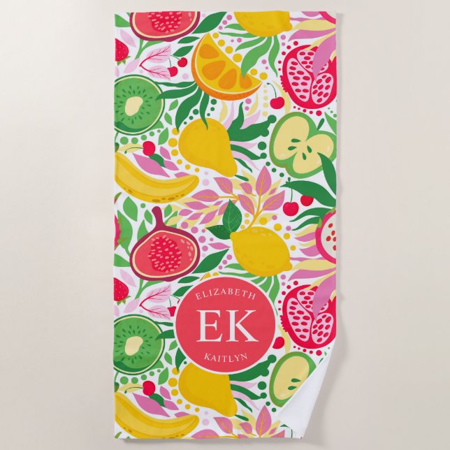 Toalha De Praia Monograma de Fruta tropical Padrão de Verão de Aqu (Frente)