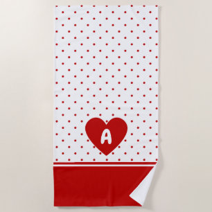 Toalha De Praia Monograma de Fundo Branco Vermelho Bolinhas Person