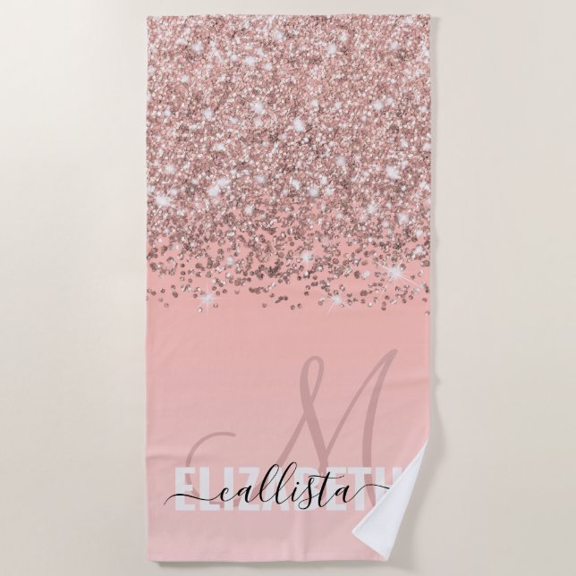 Toalha De Praia Monograma de Gradiente Rosa, Confetti, Dourado, Gi (Frente)