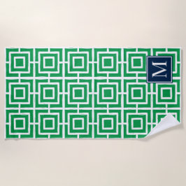 Toalha De Praia Monograma de Malha Quadrada Preppy – Verde e Azul 