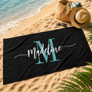 Toalha De Praia Monograma de Nome com Estilo Personalizado Preto e