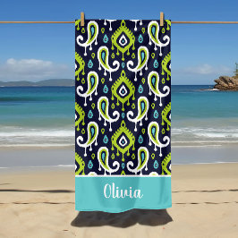 Toalha De Praia Monograma de Nome em Paisley Ikat Verde e Azul Mar