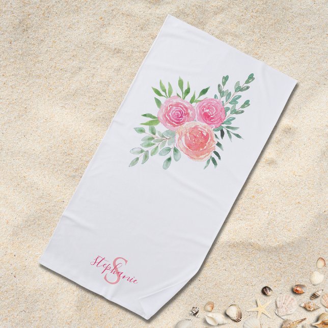 Toalha De Praia Monograma de Nome Floral Rosa (Criador carregado)