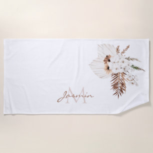 Toalha De Praia Monograma de Orquídeas Brancas de Grama Boho Brown