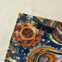 Toalha De Praia Monograma de Padrão de Folheto Dourado Azul-marinh