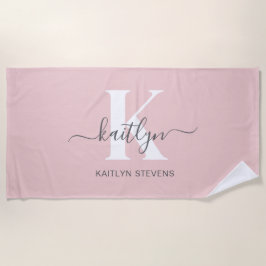 Toalha De Praia Monograma de Script de Cinza Cor-de-Rosa Elegante