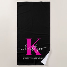Toalha De Praia Monograma de Script Rosa Quente Preto Elegante