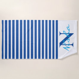 Toalha De Praia Monograma de tiras Azuis Brancas