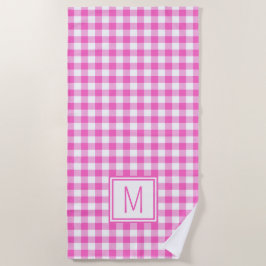 Toalha De Praia Monograma de Xadrez Gingham, rosa e branco