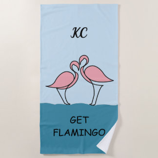 Toalha De Praia Monograma - Dois Flamingos Rosa na Cota da Água