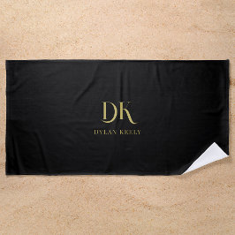 Toalha De Praia Monograma Elegante Mínimo, Na moda Dourado Preto